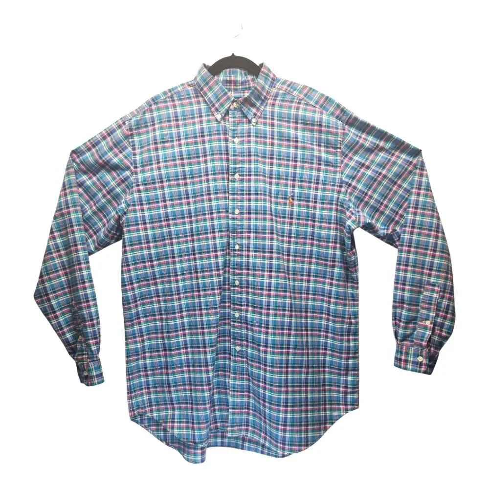 Ralph Lauren Men's Button Down Turquoise Multicolor Plaid Shirt LS XLT Tall